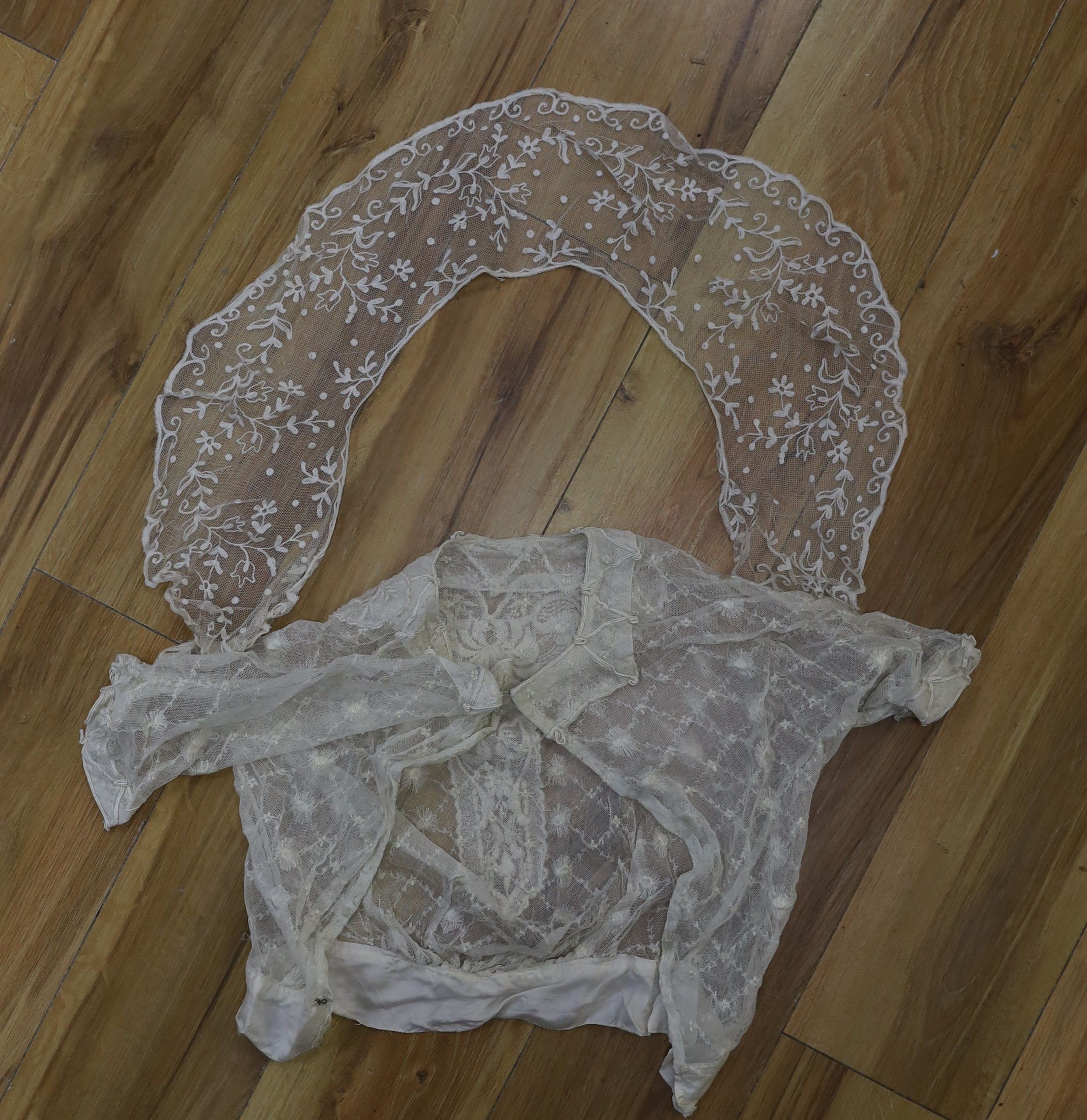 Three Edwardian lace blouses, a lace collar and all-in-one under garments